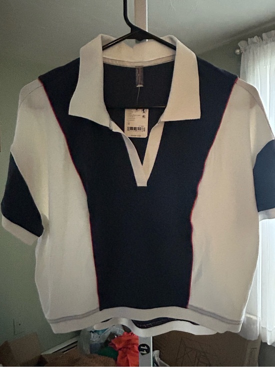 FP Movement by Free People Tops - Free People Movement Navy and White Short Sleeve Polo Top with Red Piping.
